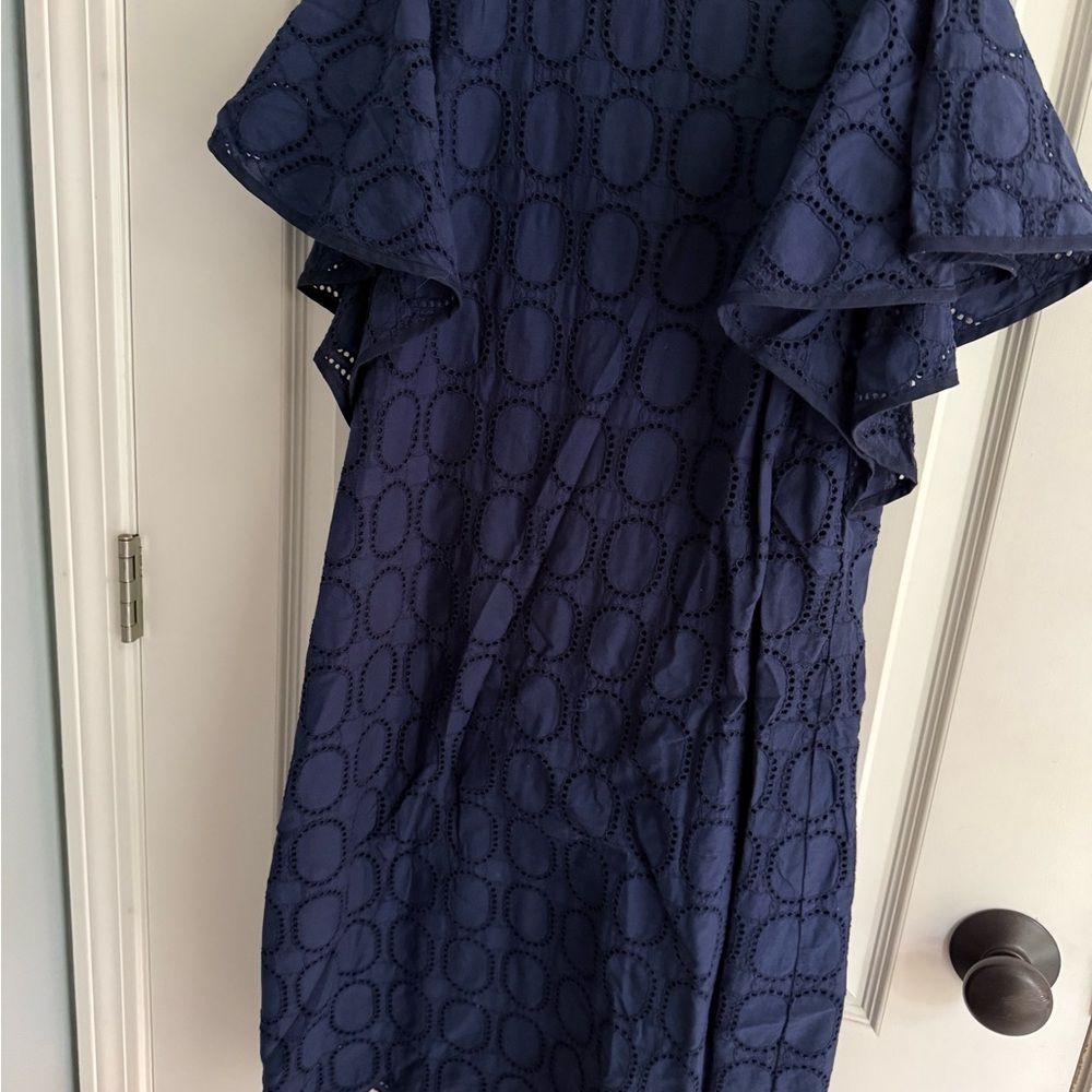J. Crew Navy Cotton Eyelet Dress with Flutter Sleeves